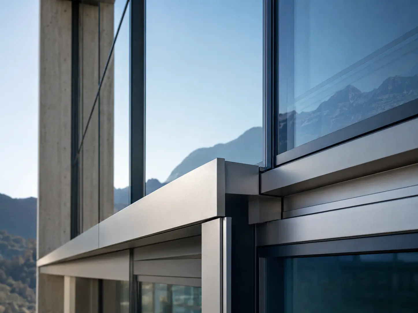 Detail einer präzise ausgeführten Aluminium-Glas-Fassade